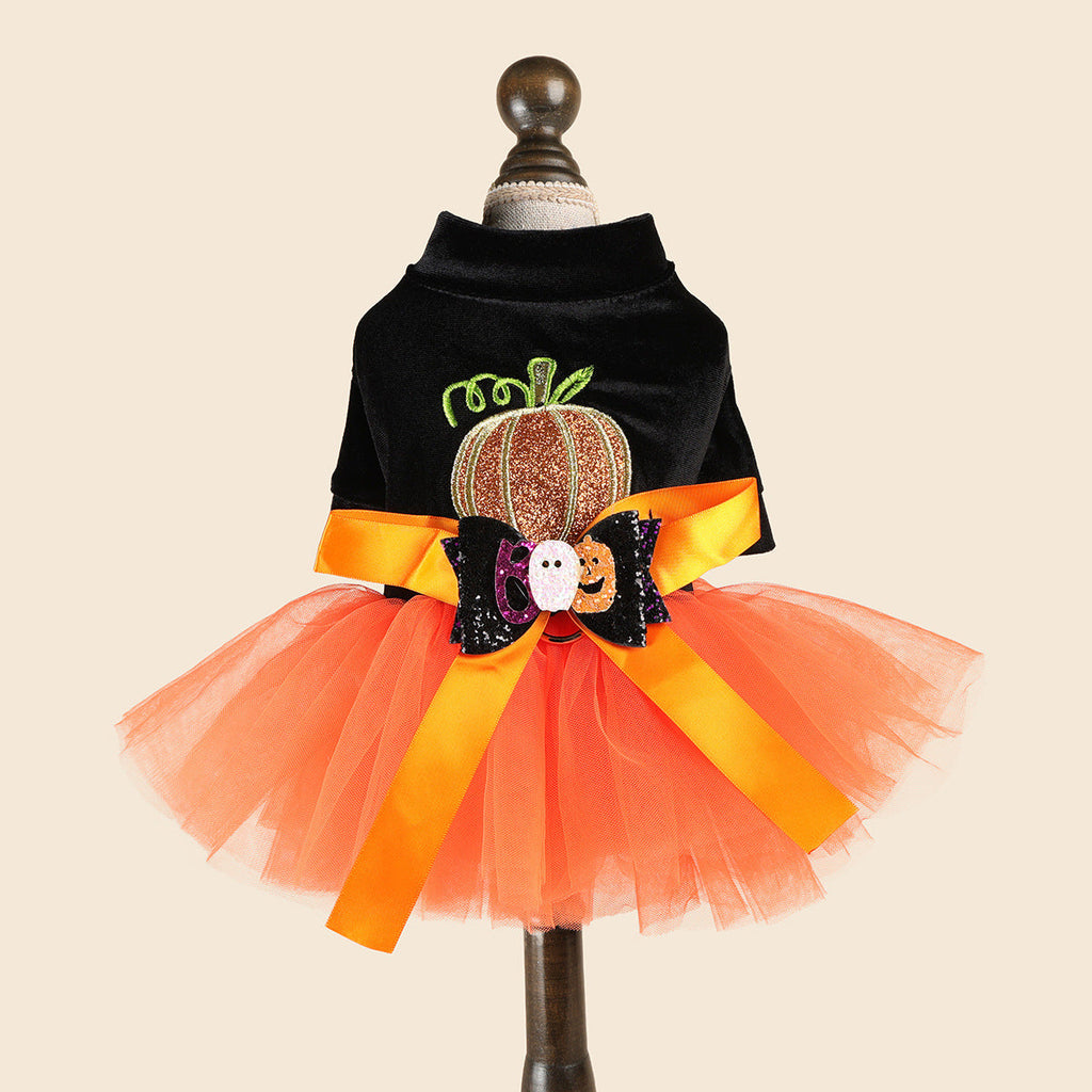 Halloween Pumpkin Pet Tulle Skirt Velvet Ghost Bow Dress for Dogs and Cats Holiday Costume